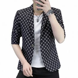 hoo 2023 Men's New Summer Floral Print Mid-Length Sleeves Suit Jacket Youth Slim Casual blazers G6mS#