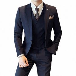 2023 Fi New Men Busin Solid Color Slim Suit / Slim Fit Double Breasted Waistcoat Dr Blazers Jacket Coat Vest Pants K2HS#