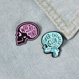 Where is my mind Enamel Pins Custom Overthink Skull Brooches Lapel Pin Shirt Bag Skeleton Badge Humour Jewellery Gift for Friends