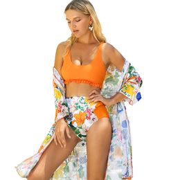 Square Neck Womens Bikini Printed High Waisted Ladies Swimsuit and Swim Suit Cover for Women Adults Summer Up Orange