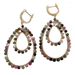 Dangle Earrings Natural Teardrop Multi Colour Tourmaline Cz Pave Lever Back Handmade For Women