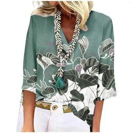 Women's T Shirts Woman'S Shirt Blouse Casual Loose 3/4 Sleeve Print V Neck Tops T-Shirts Tee Roupas Feminina Ropa Aesthetic