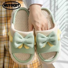 Slippers Slippers Cute Bow Linen For Women Tick Boom Indoor ome Soes Coon Couple Kid Breatable Male Slides H240327