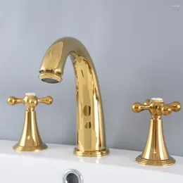 Bathroom Sink Faucets Gold Colour Brass Widespread Dual Handle Washing Basin Mixer Taps Deck Mounted 3 Holes Lavatory Faucet Anf989