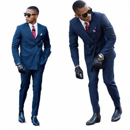 men's Suit 2 Pieces Blazer Pants Double Breasted Peaked Lapel Busin Formal Pinstripes Wedding Groom Tailored Costume Homme r58E#