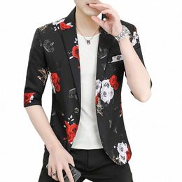 coo 2023 Men's Summer Middle-Sleeve Floral-Print Suit Fi Thin Ice Silk blazer 45Di#