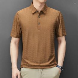 Men's Polos Summer Shirt Turn-down Collar Striped Plaid Ice Silk Loose Breathable Short Sleeve Thin Polo Fashion Button Tops