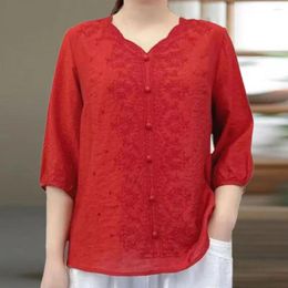 Women's Blouses Retro Shirt Vintage V-neck Embroidered For Women Floral Pattern Pullover Top With 3/4 Sleeves Button Detail
