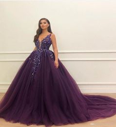 Gorgeous Ball Gown Quinceanera Dresses Purple Deep V Neck Sequins Lace Appliques Girls Formal Party Gown Sweep Train Evening Dress5816469