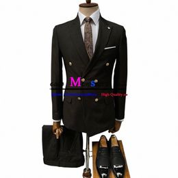 latest Black Double Breasted Mens Suits Casual Busin Wedding Groom Tuxedos Slim Fit Male Terno Masculino Blazer Jacket Pants h3JK#