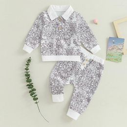 Clothing Sets Toddler Boys Fall Outfits Flower Print Buttons Turn-Down Collar Long Sleeve Tops And Pants 2Pcs Clothes Set