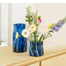 Vases Blue Stripe Irregular Glass Vase Desk Decoration Floral Hydroponics Flower Pots Decorative Arrangement Modern Decor