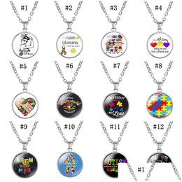 Pendant Necklaces New Kids Autism Awareness For Children Boys Girls Glass Cabochon Puzzle Necklace Fashion Inspirational Caring Drop D Dhfzb