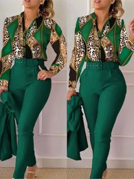 Elegant Women Printed Two Piece Suit Sets Autumn Winter V Neck Long Sleeve Shirt Top Pants Set With Belt Workwear Outfits 240326