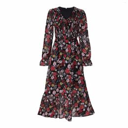 Casual Dresses Women Elegant Fragmented Flower V Neck Waist Wrapped Wood Ear Edge Ruffled Sleeve Long Top Dress Womens Summer