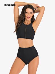 Suits High Waisted Bikinis Swimwear Women Sport Rashguard Swimsuits Twopiece Surfing Black Bathing Suits (UPF 50+)