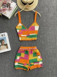 Women's Tracksuits SINGREINY Patchwork Knit Two Piece Set Women Orange Strap Backless Camisole Elastic Waist Shorts Vacation Summer Slim