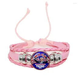 Charm Bracelets Women For Trump 2024 American Election Glass Dome Snap Button Bracelet Pink Leather Bangle Jewellery Girls Gift Dropship