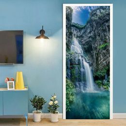 Stickers 3D Nature Waterfall Door Stickers Fall Wallpaper Mountain River Landscape PVC Selfadhesive Mural House Bedroom Decor Poster