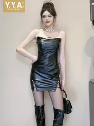 Casual Dresses Punk Design Sexy Pu Leather Women Short Dress Strapless Split High Waist Nightclub Slim Fit Black Faux Wrap Mini