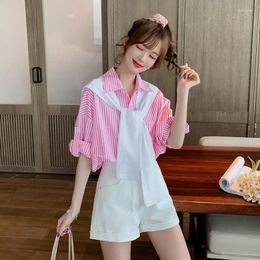 Women's Jackets Loose Half-sleeved Striped Shirt Female Fashion College Style Ageing Half-body Skirt Two-piece Suit Summer Netroots With
