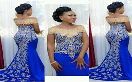 2020 African New Evening Dresses Wear Saudi Arabia Formal Dress For Women Mermaid Royal Blue Gold Lace Appliques Beaded Formal Pro3207339