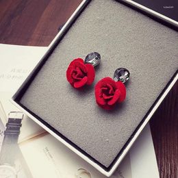 Stud Earrings Red Camellia Flower Simulated Gem C Boucle D'oreille Femme Pendante Chic Jewelry