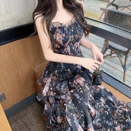 Casual Dresses French Style Vintage Clothes For Women Elegant Office Lady Floral Summer Sexy Ruffles Strap Dress Long Bohemian Beach Slim