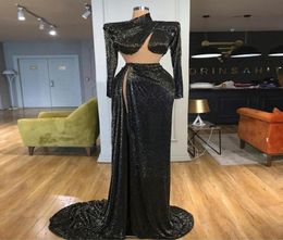 Sexy Black Sequined Mermaid Prom Dresses High Neck Long Sleeve Side Split Plus Size Formal Evening Occasion Gowns 20211065693