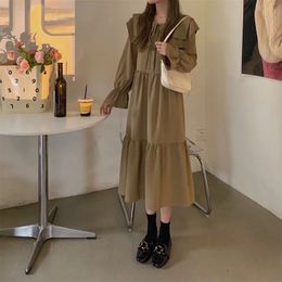 Arrival Spring Preppy Style Women Loose Casual Aline Ruffled Patchwork Midcalf Mori Girl Butterfly Sleeve Dress V907 240327