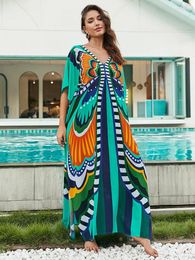Cover-ups Plus Size Caftan Colorful Butterfly Women Kaftan Dress Print Swimsuit Cover Up Caftans Maxi Beach