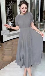 Party Dresses High Quality Brand 2024 Summer Dress Women O-Neck Beading Deco Short Sleeve Mid-Calf Length Pleated Blue Grey Khaki