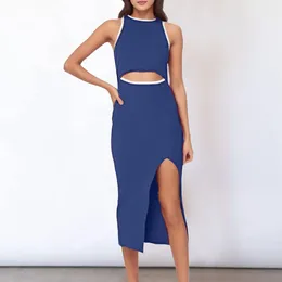 Casual Dresses Women Summer Hollowed Out Waist Dress Mid Length With Round Neck Sleeveless Ribbed Tight Fitting For