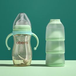 Oberni PPSU Babyflasche mit Griff, Strohhalm, Anti-Inflation, tropfenfest, 300 ml und dreischichtiges Milchpulver-Aufbewahrungsbox-Set 240314