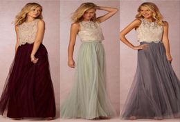 2017 New Trends Two Pieces Bridesmaid Dresses Lace Bodice Tulle Skirt Burgundy Grey Mint Sheer Crew Neck Full Length Elegant Prom 1321314