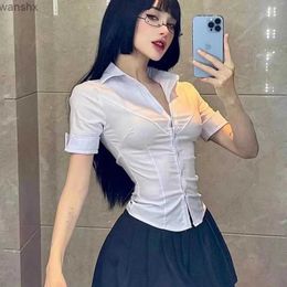 Women's Blouses Shirts Sexy Slim Basic White Shirt Womens Tuned Vintage Cute Korean Long sleeved School Shirt Girls Casual Jk Uniform TopL240328