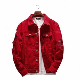 new Men's Jean Jacket Slim Fit Cott Denim Jacket Red White Black Ripped Hole Jean Coats Men Outerwear Plus Size Streetwear c0nM#