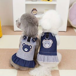 Striped Pattern Denim Skirt, Spring Summer Style Pet Clothes, Cute Bear Decor Dog Dress with D-ring