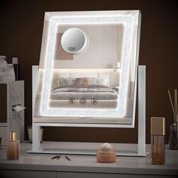Decovesta Crushed Diamond Makeup Lighted Vanity Tounch Control Dimmable Lights, 360 ° Rotation Tabletop Mount Cosmetic Mirror with 10X Magnification 2024 New