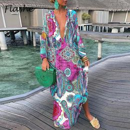 Fashion Maxi Dresses For Women V Neck Long Sleeve Party Dress Boho Vintage Print Plus Size Loose Casual Vesitdos 240312