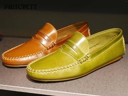 Casual Shoes Green Leather Handmade Boat Round Toe Shallow Mouth Fashionable And Comfortable Men's