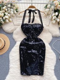 Casual Dresses Foamlina Sexy Mesh Lace Spliced Sequin Dress Women Fashion Black Lace-up Halter Neck Sleeveless Backless Bodycon Mini Club