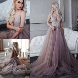 Amazing Beaded Backless Prom Dresses Sheer Plunging Neck Evening Gowns Rhinestones Vestidos De Fiesta Sweep Train Tulle Formal Dress