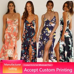 Casual Dresses Women's Dress Sexy Floral Suspender Side Slit 2024 Summer Slim Printed Long Skirt Elegant Beach Deep V Neck