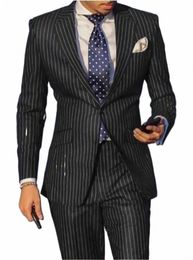 new Fi Black Striped Suits Slim Fit 2 Pieces Single Breasted Elegant Formal Best Men Male Wedding Suits Set Costume Homme 95pY#