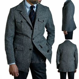 vintage England Style Men's Blazer Slim Fit Notch Lapel Tweed Herringbe Tuxedo Groom Wedding Suits Jacket Male Coat Custom z01z#