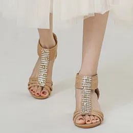 Sandals Women'S Summer Outwear Ankle Strap Bohemian Ethnic Diamond Non Slip Roman Slope Heel Shoes Woman 2024 Trend