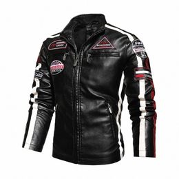 autumn Men's Motorcycle Leather Jacket Casual Patchwork Vintage Overcoat Biker PU Embroidery Bomber Zipper Fleece Jackets Male J9Zv#