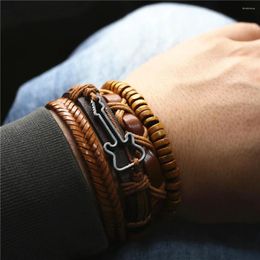 Charm Bracelets Casual 4 Pcs/Set Khaki Leather Woven Guitar Men Women Homme Male Wholesale Jewelry