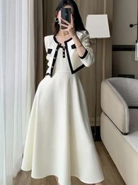 Elegant 2Piece Dress Set for Lady Short Coat ALine Midi Camisole Dresses Slim Korean Fashion Female Suit Spring Autumn 240327